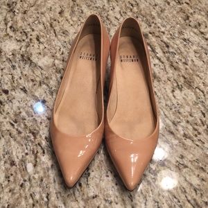 Stuart Weitzman patent tan kitten heels